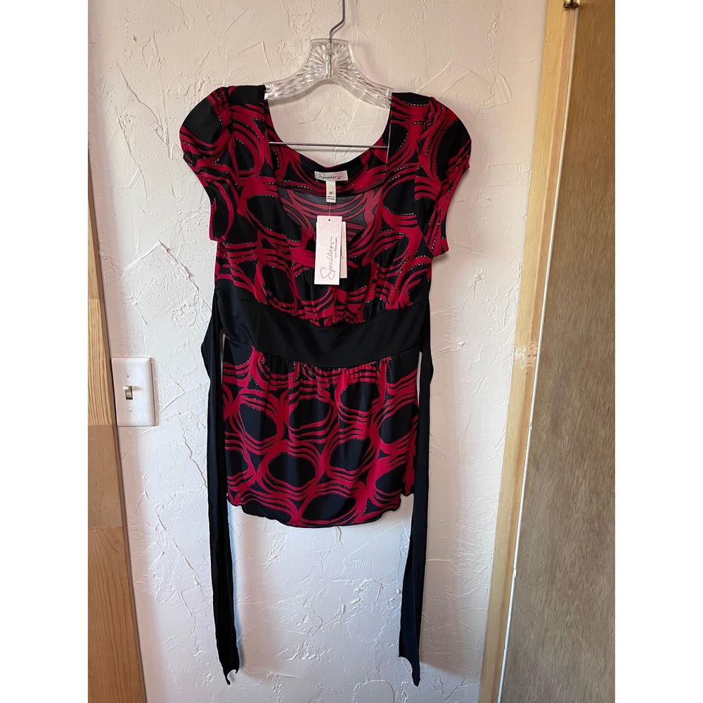 Speechless Red Black Swirl Print Belted Cap‎ Sleeve Boho Chic Top Women's M